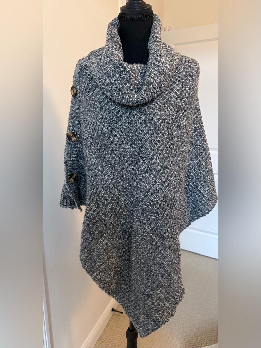 Cozy Gray Cowl Neck Knit Poncho Sweater